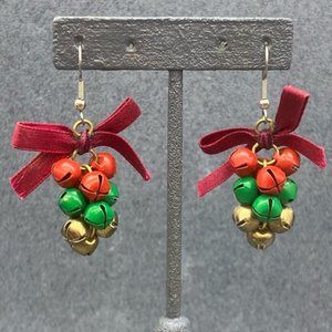 Christmas Dangle Pierced Earrings Red Bow Gold Green Jingle Bells Grapes Retro